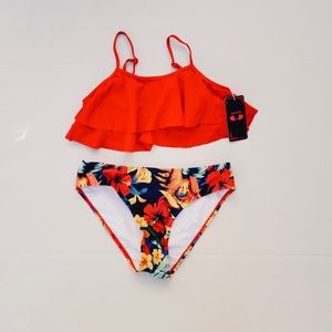 SHEKINI Girls Floral Printing Bathing Suits Ruffle Flounce Two Piece Swimsuits